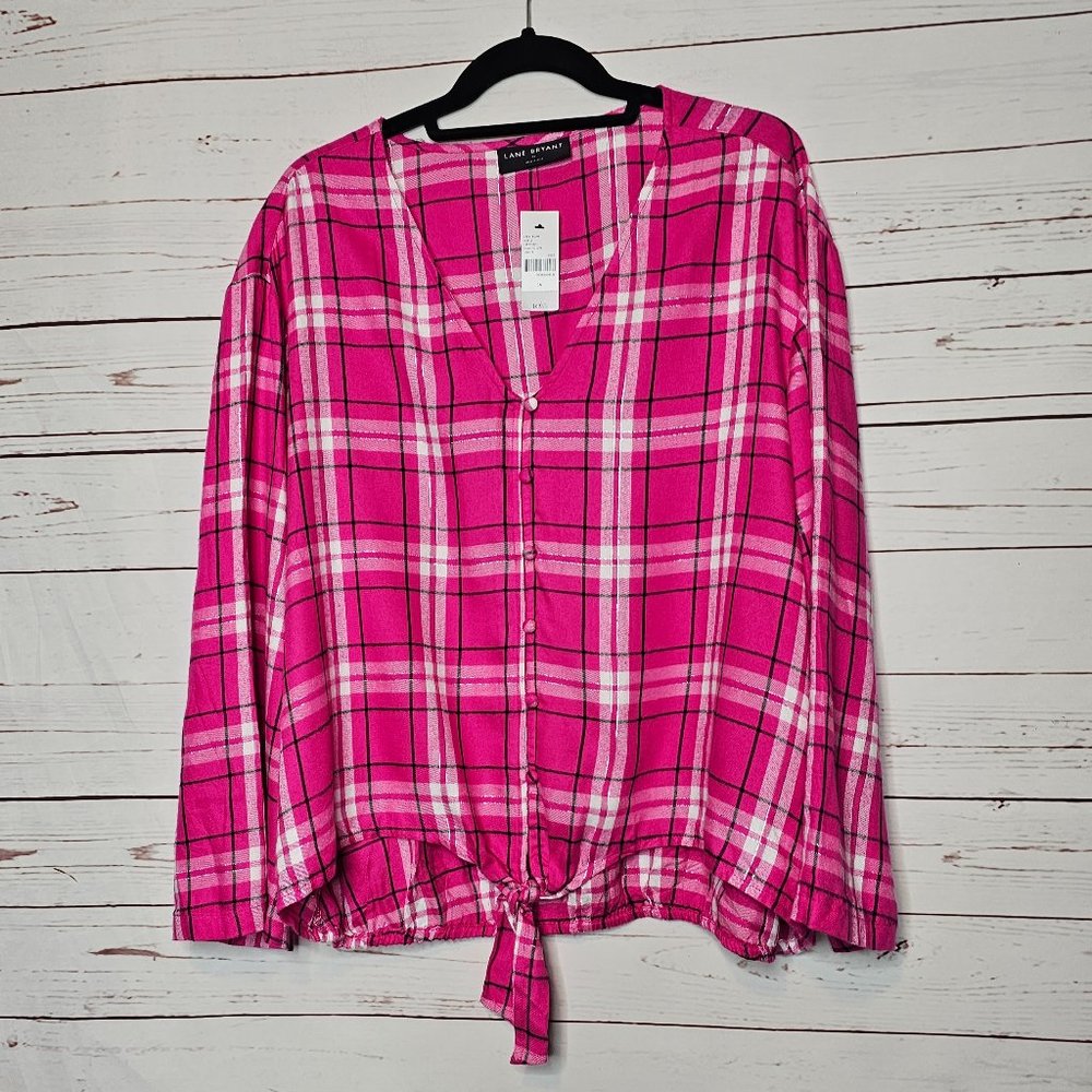 Lane Bryant Tie Waist V-Neck Plaid Top